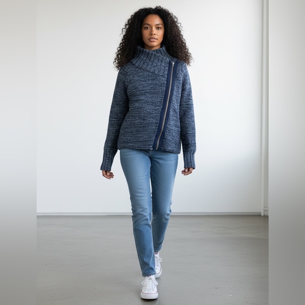 Athleta Blue Cowl Neck Sweater with Asymmetrical Zipper